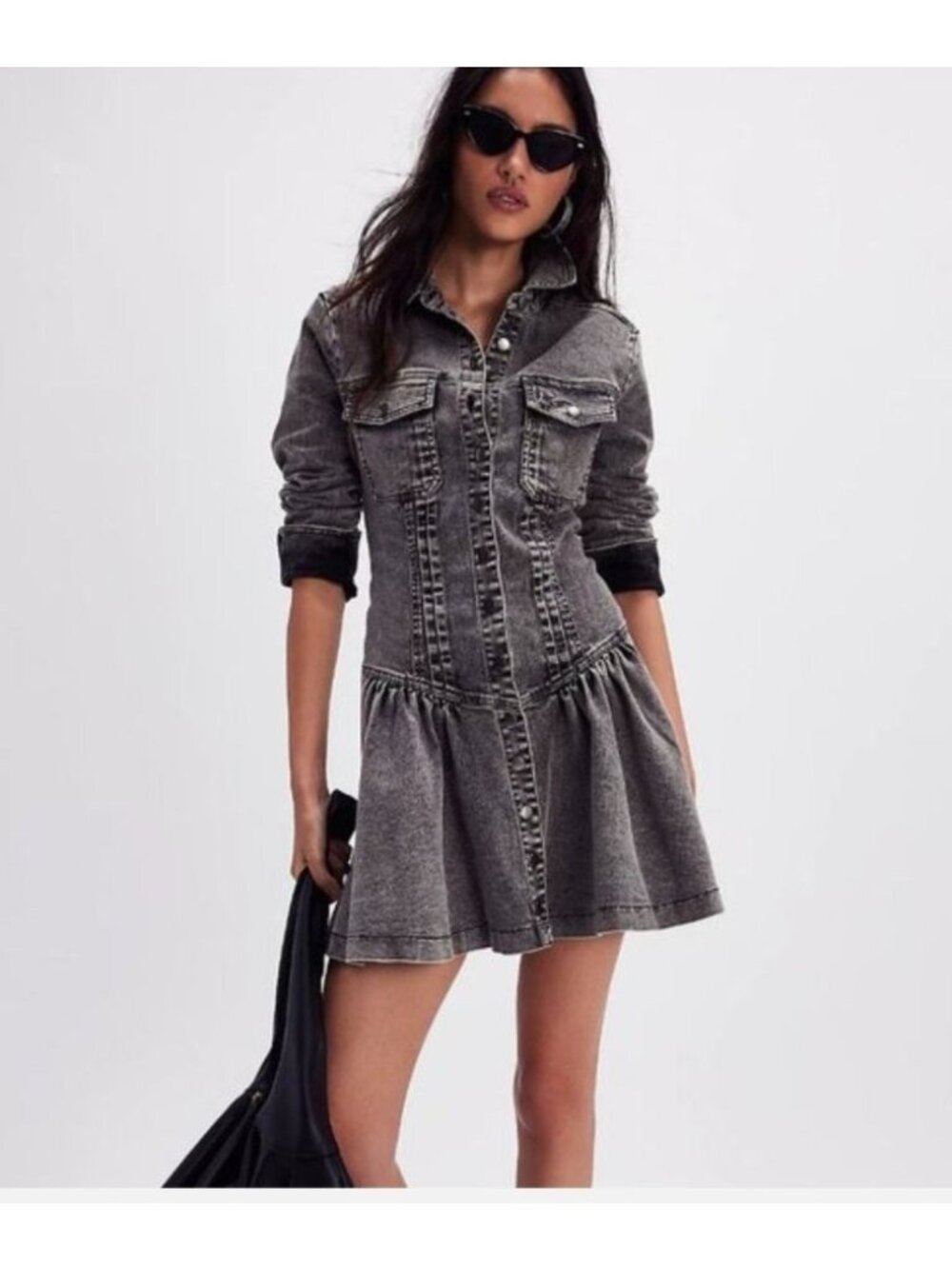 Free People Gray Denim Mini Dress Large New drop waist A line Coastal Cowgirl